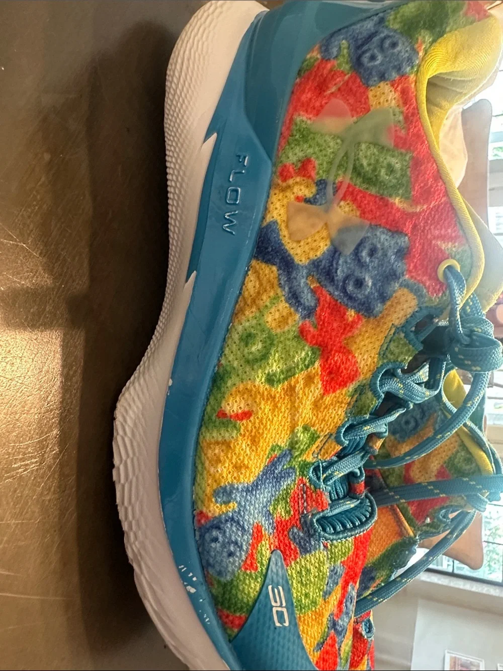 Under Armour Curry 1 Low SOURPATCH Pattern Sneakers with Bright Blue and Yellow